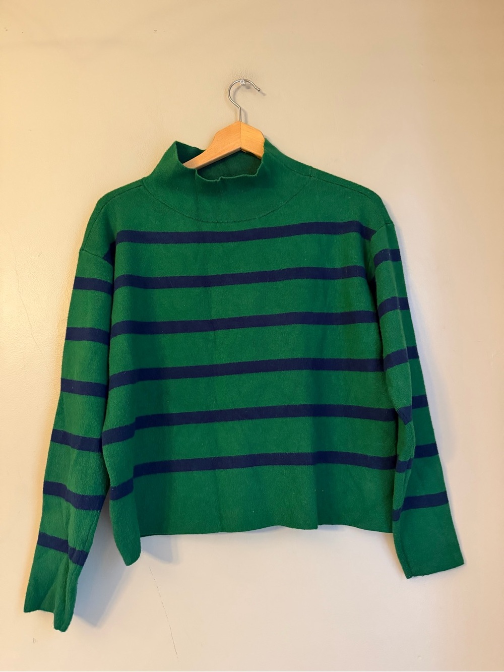 Maeve Anthropologie Green Navy Striped Mock Neck Knit Sweater Women XS Cropped